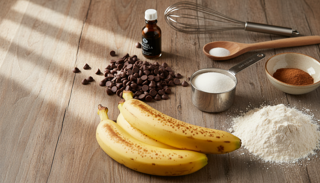 A beautifully arranged flat lay showcasing essential ingredients for chocolate chip banana bread. In the foreground, display ripe bananas, semi-sweet chocolate chips, and a pile of all-purpose flour. In the middle, incorporate measuring cups filled with sugar and baking soda, alongside a small bowl of cinnamon. Use a backdrop of a rustic wooden table to enhance the warmth of the scene. Soft, natural lighting filters in from the side, casting delicate shadows and highlighting the textures of the ingredients. The overall mood is inviting and cozy, capturing the essence of home baking. No text or distractions in the image, just a clear and appealing composition of the ingredients.