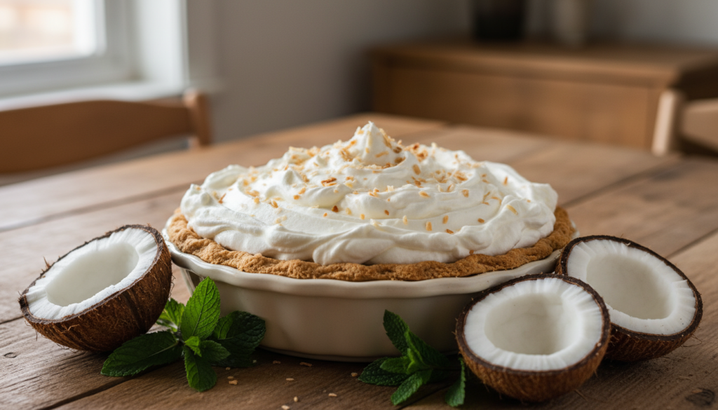 A beautifully arranged homemade coconut cream pie sits on a rustic wooden table, showcasing a thick layer of fluffy, homemade whipped cream topping, expertly piped in swirls. The pie, in a classic pie dish, is bursting with rich coconut flavor and hints of toasted coconut flakes scattered artistically on top of the cream. In the background, soft natural light pours through a nearby window, casting a warm glow over the scene. A few coconut halves and a scattering of fresh mint leaves are artfully placed around the base of the pie for added detail. The overall atmosphere is inviting and cozy, evoking a sense of indulgence and comfort, perfect for dessert lovers. The image captures a close-up view, emphasizing texture and detail, with a shallow depth of field softly blurring the background.