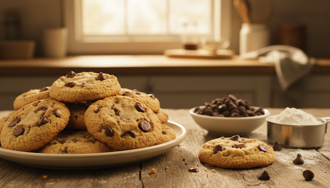 A beautifully arranged plate of classic Nestle chocolate chip cookies sits prominently in the foreground, showcasing their golden-brown edges and soft, chewy centers dotted with rich, semi-sweet chocolate chips. The cookies are slightly glistening, suggesting a fresh-baked warmth. In the middle ground, a rustic wooden table complements the scene, lightly dusted with flour, and a small bowl filled with chocolate chips and a measuring cup with flour hint at the baking process. The background features a soft-focus kitchen scene with warm, ambient lighting streaming through a window, creating a cozy and inviting atmosphere. Capture the essence of comfort and homemade goodness, emphasizing the delightful appeal of this iconic treat. Use a warm color palette to enhance the inviting vibe and depth of field to draw attention to the cookies.