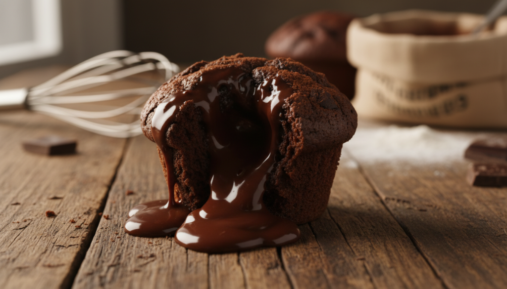 A beautifully styled chocolate muffin with a molten fudge center, set against a warm, inviting backdrop. In the foreground, the muffin sits on a rustic wooden table, with a chocolate drizzle artfully pooling around it. The middle layer showcases the muffin's texture, with a gooey fudge center visibly oozing out. Soft, warm lighting casts a golden hue, enhancing the rich browns and deep chocolate shades. In the background, blurred kitchen elements like baking utensils and a mixing bowl create an atmosphere of cozy baking. The scene evokes a sense of indulgence and culinary delight, perfect for illustrating the technique of creating a signature hot fudge center in chocolate muffins.