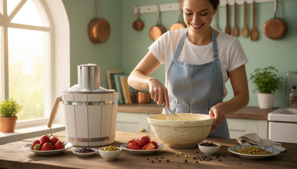 A bright, inviting kitchen scene showcases the homemade ice cream-making process. In the foreground, a wooden table holds a mixing bowl filled with creamy vanilla ice cream mixture, while colorful ingredients like fresh strawberries and chocolate chips are scattered around. A vintage ice cream maker sits beside the bowl, partially filled with ice and salt. In the middle ground, a cheerful person in a casual apron stirs the mixture with a whisk, the sunlight streaming through a nearby window highlighting their focused expression. In the background, soft pastel walls and hanging kitchen utensils create a warm atmosphere. The image has natural lighting, a shallow depth of field focusing on the ice cream mixture, creating a cozy, inviting mood perfect for illustrating an easy ice cream recipe.
