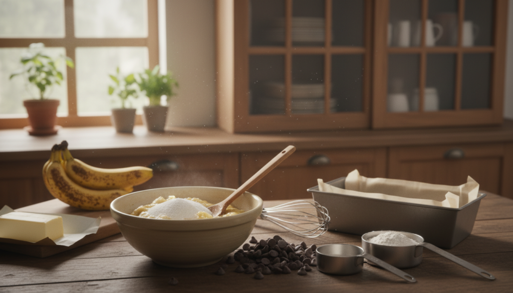 A cozy kitchen scene capturing the preparation of moist chocolate chip banana bread. In the foreground, a wooden countertop showcases a mixing bowl filled with mashed ripe bananas, sugar, and melted butter, with chocolate chips scattered nearby. The middle layer features measuring cups, a whisk, and a loaf pan ready for the batter, while a few whole bananas and a block of butter are arranged aesthetically. The background reveals warm wooden cabinets and natural light streaming through a window, creating a welcoming atmosphere. The image is bright and inviting, with a soft focus to evoke a homey feel, highlighting the process of baking in a practical yet artistic manner.