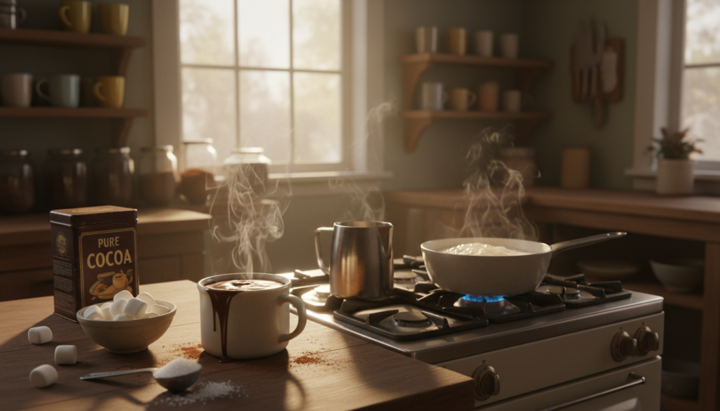 A cozy kitchen scene featuring the preparation of homemade hot chocolate. In the foreground, a wooden countertop displays a steaming mug filled with rich, dark melted chocolate, surrounded by various ingredients like cocoa powder, sugar, and a small bowl of marshmallows. A frothing milk pitcher sits next to a small saucepan simmering on the stove. In the middle ground, a window allows warm afternoon sunlight to filter in, casting soft shadows across the countertop. In the background, shelves lined with colorful mugs and cocoa jars add charm to the scene. The overall atmosphere is warm and inviting, evoking the comfort of winter, with a focus on the delightful process of making hot chocolate. The image should be captured with a soft focus and natural lighting to enhance the homely vibe.