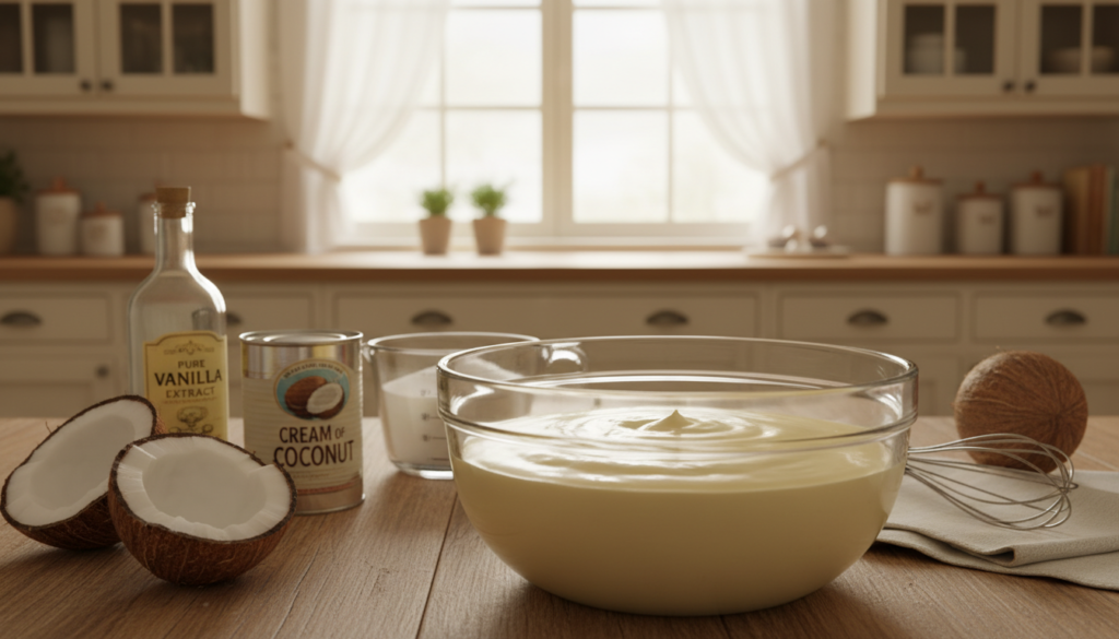 A cozy kitchen scene showcasing the preparation of coconut custard pie filling. In the foreground, a glass mixing bowl filled with creamy, luscious custard sits on a wooden countertop, surrounded by fresh ingredients—ripe coconuts, a can of cream of coconut, and a whisk. In the middle, a bottle of vanilla extract and a measuring cup filled with sugar add to the kitchen ambiance. The background features a softly lit kitchen with vintage-style cabinets and a window letting in warm, natural light. The atmosphere is inviting and homely, evoking a sense of comfort and deliciousness as the rich, creamy mixture glistens invitingly. The image captures the essence of baking, perfect for illustrating the art of creating coconut custard filling.