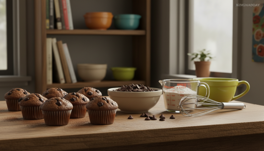 A cozy, sunlit kitchen setting with a rustic wooden table in the foreground, featuring a fresh batch of decadent chocolate muffins, their tops slightly domed and dusted with cocoa powder. In the middle, an assortment of baking ingredients is carefully arranged: a bowl of rich chocolate chips, a measuring cup filled with flour, and a whisk, hinting at the recipe testing process. The background showcases shelves adorned with cookbooks and colorful mixing bowls, emphasizing a warm and inviting atmosphere. Soft, natural light streams in through a nearby window, creating gentle shadows that enhance the textures of the muffins and ingredients. The overall mood is creative and homely, reflecting the excitement of recipe testing, with a focus on delicious, wholesome baking.