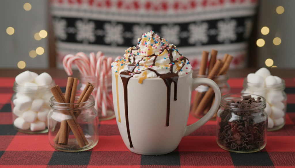 A cozy table setting featuring a variety of hot chocolate toppings variations. In the foreground, an elegant ceramic mug filled with rich, creamy hot chocolate, topped with whipped cream, colorful sprinkles, and drizzles of caramel and chocolate sauce. Surrounding the mug, there are small glass jars filled with toppings like mini marshmallows, crushed peppermint, cinnamon sticks, and chocolate shavings. The middle layer displays a warm plaid tablecloth enhancing the inviting atmosphere, with soft, ambient light creating a comforting glow. In the background, a softly blurred view of a winter-themed decor, possibly with faint snowflakes or warm fairy lights, adding to the cozy ambiance. The overall mood is inviting and festive, perfect for enjoying a hot chocolate experience.