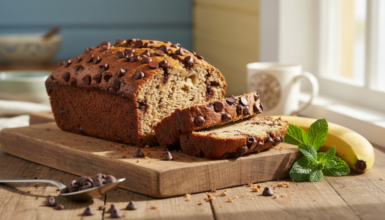 A freshly baked loaf of homemade chocolate chip banana bread beautifully displayed on a rustic wooden cutting board. The bread is golden brown, with melted chocolate chips glistening on top, and slices revealing a moist, fluffy interior speckled with ripe banana pieces. In the foreground, a few crumbs and a tablespoon of chocolate chips add a touch of authenticity. In the middle, there are sprigs of fresh mint and a ripe banana beside the bread, enhancing the freshness. Soft, natural lighting cascades from a window to the right, creating gentle shadows and highlights that emphasize the bread's texture. The background features a blurred kitchen scene with pastel-colored walls, giving an inviting and cozy atmosphere to this delightful baked treat.