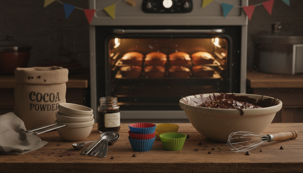 A rustic kitchen setting featuring an assortment of baking tools and equipment essential for creating Olympic Village chocolate muffins. In the foreground, a sturdy wooden countertop displays colorful silicone muffin cups, a set of measuring spoons, and a mixing bowl filled with rich chocolate batter. In the middle, a vintage whisk and a set of measuring cups are neatly arranged beside a small sack of cocoa powder. The background showcases an oven with chocolate muffins rising inside, with warm golden light illuminating the scene, creating a cozy baking atmosphere. Soft shadows play across the countertop, enhancing the inviting feel. The overall mood is joyful and creative, perfect for inspiring home bakers.