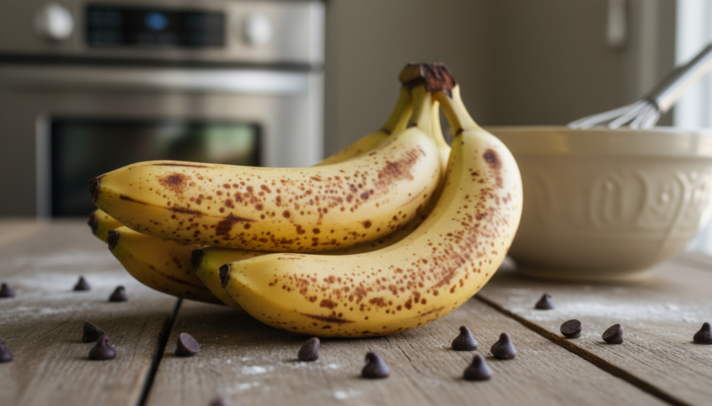 A vibrant close-up of a bunch of ripe bananas, their skins speckled with brown spots to indicate perfect ripeness for baking. The bananas are arranged on a rustic wooden table, with a few scattered chocolate chips around them, hinting at the delightful banana bread recipe. The lighting is soft and warm, creating a cozy atmosphere, reminiscent of a home kitchen filled with the rich aroma of baked goods. In the background, a blurred out image of an oven and mixing bowl can be seen, enhancing the baking theme. The focus is on the bananas and chocolate chips, conveying freshness and inviting a sense of delicious anticipation.