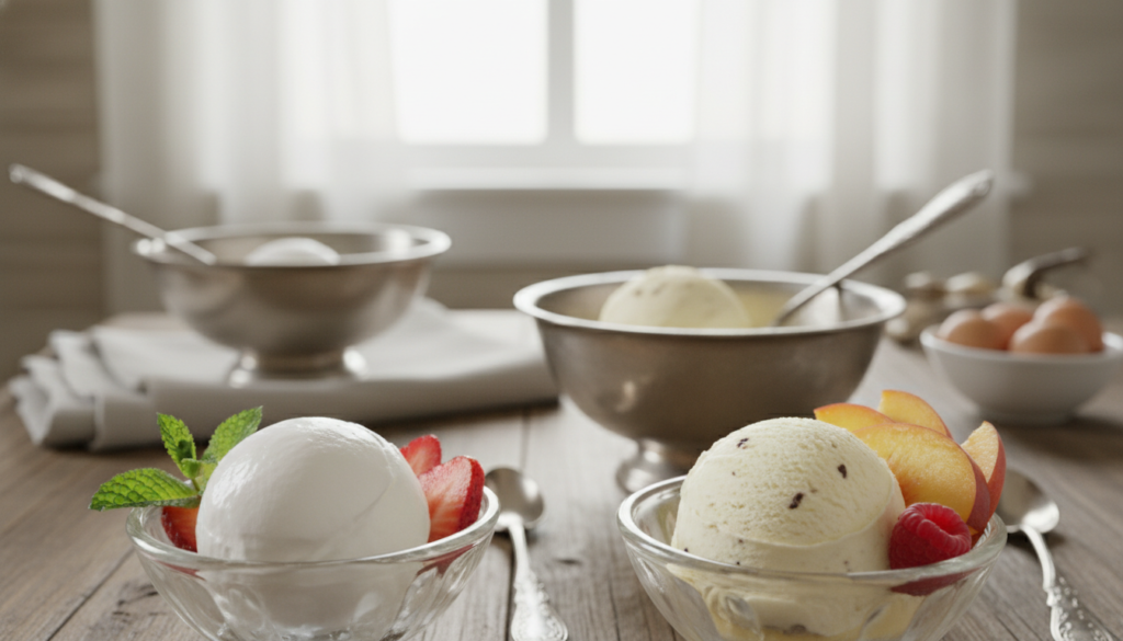 A visually striking image comparing Philadelphia-style and custard-based ice cream. In the foreground, two scoops of ice cream: one scoop of rich, creamy Philadelphia-style ice cream, smooth and pure white, with a glossy finish, and another scoop of custard-based ice cream, slightly yellow-tinged, adorned with subtle vanilla bean specks. The middle ground features elegant serving dishes, one bowl for each ice cream type, decorated with sprigs of mint and fresh fruit. The background is softly blurred, depicting a rustic kitchen setting with a wooden table and natural light streaming through a window, creating a warm ambiance. The focus is sharp on the ice cream, emphasizing texture and color, while maintaining an inviting and delightful mood.