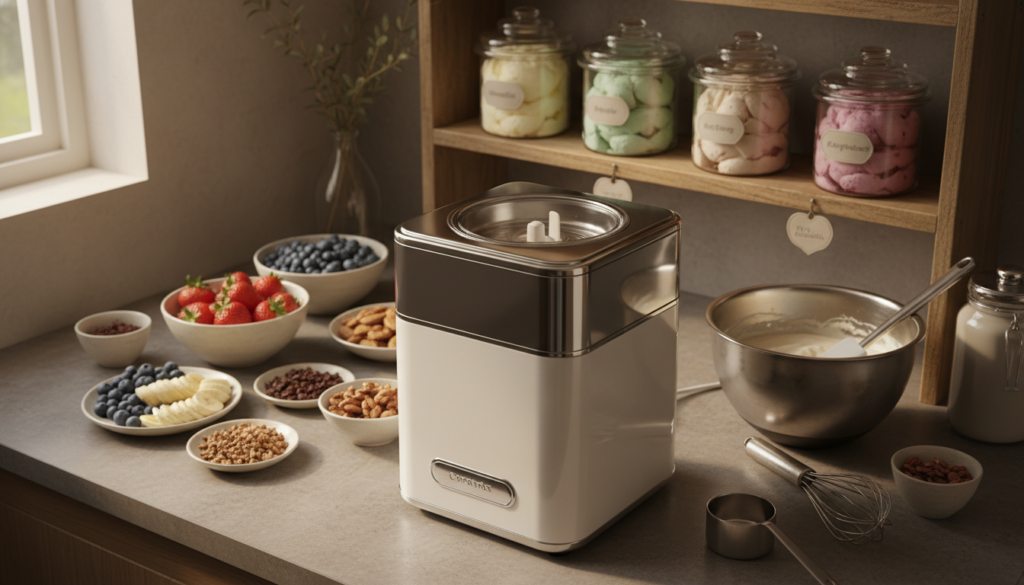 A well-organized kitchen countertop showcasing essential ice cream maker equipment, including an ice cream machine, mixing bowl, and assorted utensils for preparation. In the foreground, the ice cream machine is prominently displayed with its glossy finish reflecting soft, natural lighting. The middle ground features an array of colorful ingredients, like fresh fruits and chocolate chips, arranged artfully around the mixing bowl, inviting a sense of creativity. The background shows a neatly organized shelf with various flavors of ice cream stored in clear containers. The overall mood is warm and inviting, with a homey atmosphere that suggests a fun, easy cooking experience. The scene is captured with a slightly angled top-down perspective, emphasizing the equipment's readiness for making creamy and flavorful ice cream.