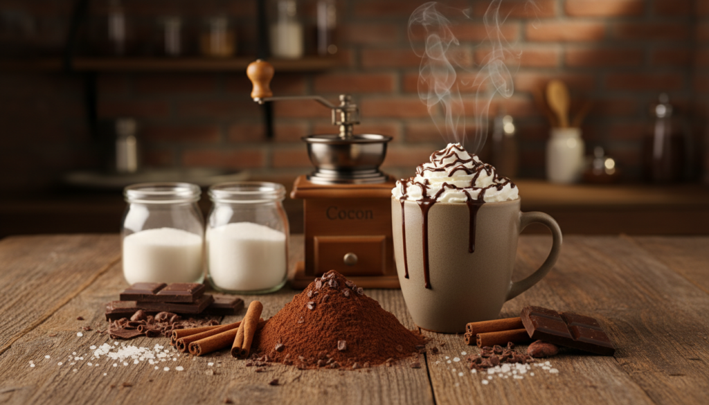 Rich, velvety cocoa powder ingredients artfully arranged on a rustic wooden table. In the foreground, a small mound of rich cocoa powder dusted with cocoa nibs and surrounded by a variety of ingredients such as cinnamon sticks, dark chocolate shavings, and a pinch of sea salt. In the middle ground, a vintage coffee grinder and glass jars filled with sugar and milk lie artistically, while a steaming mug of hot cocoa sits invitingly near the center, its surface adorned with whipped cream and chocolate drizzle. Soft, warm, natural lighting bathes the scene, creating a cozy atmosphere, while a blurred rustic kitchen backdrop hints at the homely setting. The image captures the essence of indulgence and warmth associated with making homemade hot chocolate.