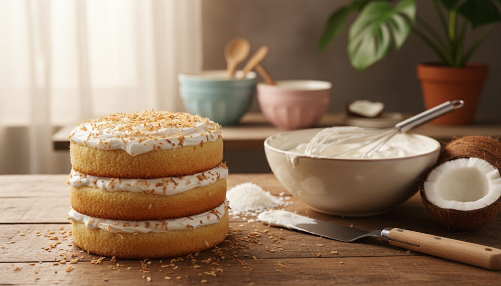 A beautifully arranged coconut layer cake assembly scene. In the foreground, a rustic wooden table showcases three layers of moist coconut cake, generously frosted with creamy coconut frosting and adorned with toasted coconut flakes. A spatula rests beside the cake, hinting at the layering process. In the middle, a bowl filled with fluffy coconut cream and a whisk add to the preparation atmosphere. Soft, natural lighting filters through a nearby window, creating gentle highlights on the cake’s surface. In the background, a blurred kitchen scene with pastel-colored kitchen utensils and a tropical plant enhances the warm, inviting mood. The overall composition exudes a sense of delicious anticipation, perfect for illustrating the art of cake assembly.