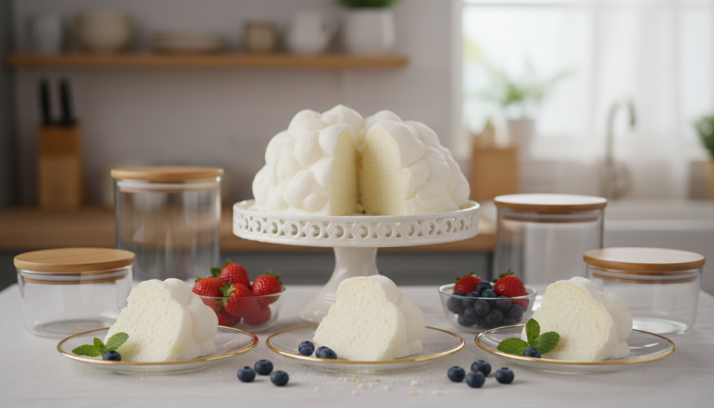 A beautifully arranged display of cloud cake storage tips, featuring a fluffy, white cloud cake on a delicate cake stand, surrounded by elegant, airtight containers to suggest proper storage. In the foreground, a few slices of the cake are placed on elegant plates, showcasing its light texture and airy layers. The middle ground features a vibrant fruit garnishing, like strawberries and blueberries, to add a pop of color. The background includes a softly blurred kitchen setting with warm, inviting lighting to create a cozy atmosphere. Capture this scene with a soft focus lens to enhance the dreamy quality, evoking a sense of freshness and delight perfect for any occasion.