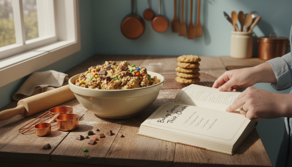 A beautifully arranged kitchen scene dedicated to "Baking Tips for Thick, Chunky Cookies." In the foreground, a rustic wooden countertop holds a mixing bowl filled with colorful cookie dough, packed with chocolate chunks, oats, and M&Ms. Beside it, a set of measuring cups and spoons, along with a rolling pin, emphasize the baking process. In the middle ground, an open recipe book displays tips for achieving the perfect texture, with hands in modest casual attire gently flipping the pages. The background features an inviting, sunlit kitchen with soft pastel walls and hanging utensils, creating a warm, homey atmosphere. Natural light streams in through a window, casting gentle shadows that enhance the inviting feel. The overall mood is cheerful and inspiring, perfect for home bakers.