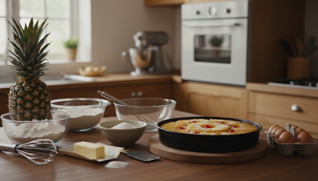 A beautifully arranged kitchen scene depicting the easy preparation of a Pineapple Upside Down Cake. In the foreground, a wooden countertop is set with essential baking ingredients: a ripe pineapple, flour, sugar, eggs, and butter, artfully scattered around mixing bowls and utensils. In the middle, an unbaked cake sits in a round cake pan with a glossy topping of caramelized pineapple slices and cherries, capturing the essence of the recipe. The background features softly blurred kitchen appliances and warm wooden cabinets, with gentle, natural light streaming in from a nearby window, creating a cozy, inviting atmosphere. The image should evoke a sense of homeliness and simplicity, perfect for illustrating a step-by-step baking process in the kitchen.