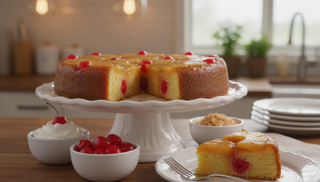 A beautifully arranged serving of a freshly baked Pineapple Upside Down Cake, placed elegantly on a decorative cake stand. The cake showcases its signature caramelized pineapple rings on top, glistening with a light syrup. Surrounding the cake, there are small bowls filled with delicious toppings such as whipped cream, maraschino cherries, and toasted coconut flakes. In the foreground, a fork and a slice of the cake are artfully presented to entice the viewer. The background features a softly blurred kitchen setting with warm, inviting lighting illuminating the scene, creating a cozy and homely atmosphere. The angle captures both the cake and the toppings, highlighting the textures and colors, with a focus on inviting delicacy and celebration.