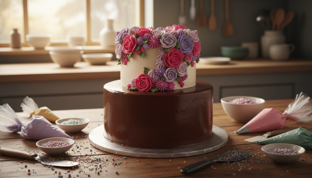 A beautifully decorated two-tier cake displayed on a rustic wooden table, showcasing an array of innovative frosting techniques. The top layer features intricate buttercream flowers in vibrant shades of pink and lavender, while the bottom layer is adorned with a smooth, glossy ganache. Surrounding the cake are various decorating tools like piping bags and colorful sprinkles. In the background, softly blurred, a serene kitchen ambiance with warm, natural light pouring through a window, creating a cozy atmosphere. The camera angle is slightly above eye-level, capturing the detail and artistry of the cake while emphasizing its creative decorations. The overall mood is inviting and artistic, perfect for aspiring bakers.