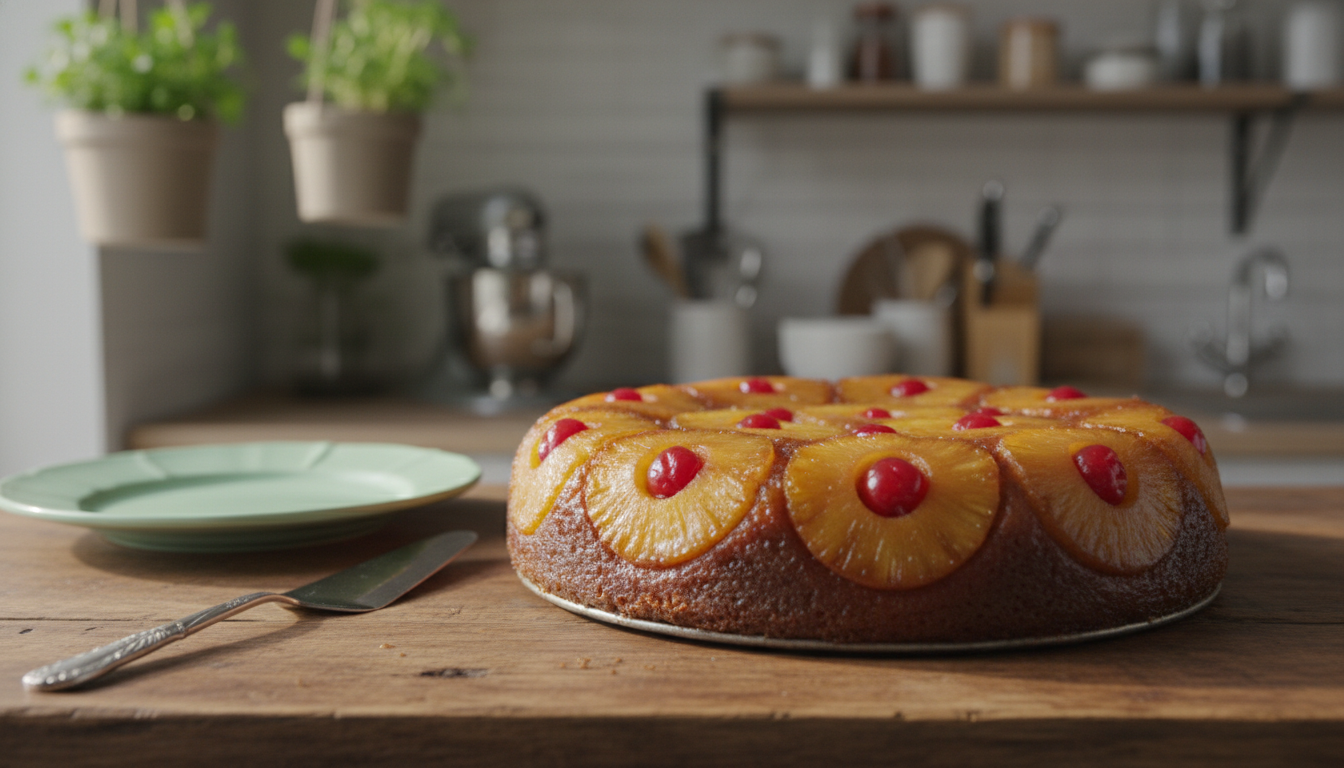 A beautifully styled classic pineapple upside down cake, prominently displayed in the foreground on a rustic wooden table. The cake features a rich golden-brown crust, adorned with perfectly caramelized pineapple rings and bright red maraschino cherries nestled in the center. Soft, diffused natural lighting highlights the cake's texture and sheen, creating a warm and inviting atmosphere. In the middle ground, a pastel-colored plate and a vintage cake server subtly complement the scene. In the blurred background, a sunlit kitchen setting with potted plants and baking utensils conveys a cozy, homemade vibe. The angle captures the cake slightly from above, emphasizing its dome shape and the vibrant colors of its toppings, inviting viewers to indulge in this timeless treat.