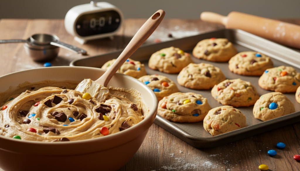 A cozy kitchen scene showcasing an array of freshly baked monster cookies on a rustic wooden table, emphasizing the techniques to prevent spreading and flatness. In the foreground, display a close-up of a cookie dough bowl, with chunks of chocolate and colorful M&Ms visible in the thick batter, highlighted by warm, natural light. In the middle, show a baking sheet lined with perfectly round cookies, with a few dough balls that are still awaiting baking. In the background, include a softly blurred image of an oven timer and measuring cups, creating a sense of action. The atmosphere is inviting and cheerful, ideal for baking, with a focus on the art of achieving the perfect cookie texture. Use soft, diffused lighting to enhance the homey feel.
