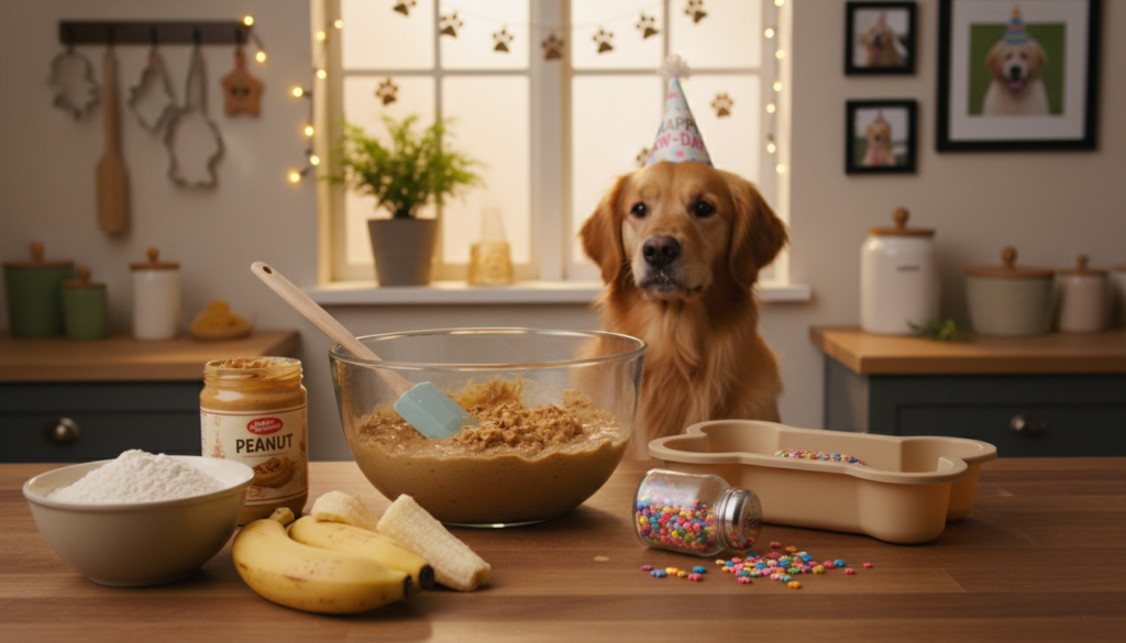 A cozy kitchen scene showcasing the preparation of a homemade dog birthday cake. In the foreground, a clean wooden countertop with ingredients like whole wheat flour, mashed bananas, and peanut butter arranged neatly. A large mixing bowl filled with the batter and a spatula resting beside it. In the middle, a playful golden retriever patiently waiting next to a colorful cake mold, with some sprinkles on the side, adding to the festive atmosphere. The background features warm, soft lighting filtering through a window, illuminating dog-themed decorations and a potted plant. The overall mood is cheerful and inviting, reflecting the joy of celebrating a beloved pet's birthday.