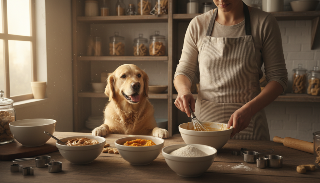 A cozy kitchen scene showcasing the step-by-step preparation of a dog birthday cake. In the foreground, a wooden countertop with mixing bowls filled with dog-friendly ingredients like peanut butter, pumpkin, and whole wheat flour, with a whisk and measuring cups scattered around. In the middle, a hands-on approach: a person in a casual apron mixing ingredients, with a cute dog eagerly watching nearby. The background features shelves with baking tools and dog treat jars. Soft, natural light streams through a window, creating a warm and inviting atmosphere. The composition captures the joy of baking for a beloved pet, with a focus on the process rather than the finished cake. The image is bright and vibrant, evoking feelings of happiness and celebration. A cozy kitchen scene showcasing the step-by-step preparation of a dog birthday cake. In the foreground, a wooden countertop with mixing bowls filled with dog-friendly ingredients like peanut butter, pumpkin, and whole wheat flour, with a whisk and measuring cups scattered around. In the middle, a hands-on approach: a person in a casual apron mixing ingredients, with a cute dog eagerly watching nearby. The background features shelves with baking tools and dog treat jars. Soft, natural light streams through a window, creating a warm and inviting atmosphere. The composition captures the joy of baking for a beloved pet, with a focus on the process rather than the finished cake. The image is bright and vibrant, evoking feelings of happiness and celebration.